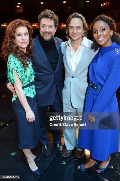 Cassidy Janson, Michael Ball, Tim Howar and Alexandra Burke pose onstage during the press night performance of "Chess" at The London Coliseum on May...