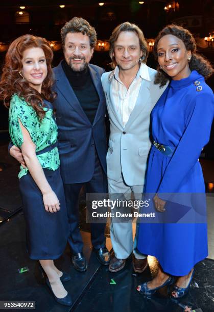 Cassidy Janson, Michael Ball, Tim Howar and Alexandra Burke pose onstage during the press night performance of "Chess" at The London Coliseum on May...