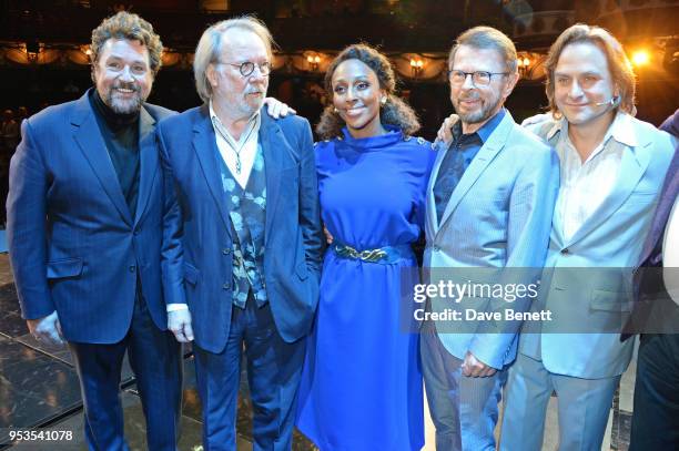 Michael Ball, Benny Andersson, Alexandra Burke, Bjorn Ulvaeus and Tim Howar pose onstage during the press night performance of "Chess" at The London...