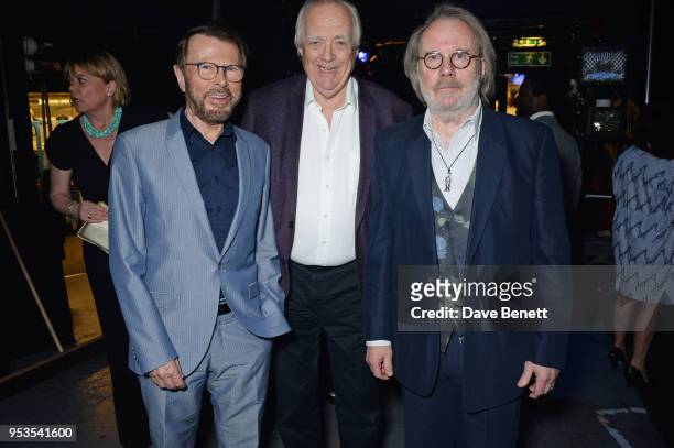 Bjorn Ulvaeus, Sir Tim Rice and Benny Andersson pose backstage during the press night performance of "Chess" at The London Coliseum on May 1, 2018 in...