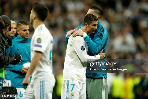 Cristiano Ronaldo of Real Madrid, Kiko Casilla of Real Madrid celebrates the victory during the UEFA Champions League match between Real Madrid v...