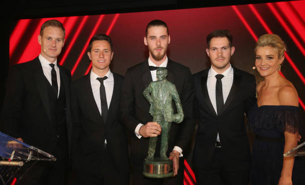 David de Gea of Manchester United is presented with the Fans' Player of the Season award by Ander Herrera at the club's annual Player of the Year...