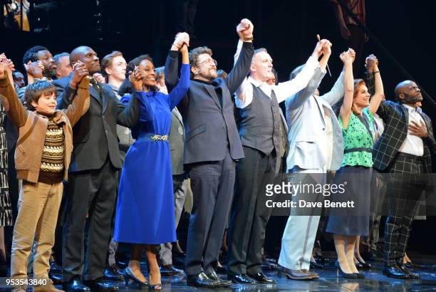 Phillip Browne, Alexandra Burke, Michael Ball, conductor John Rigby, Tim Howar, Cassidy Janson and Cedric Neal bow at the curtain call during the...