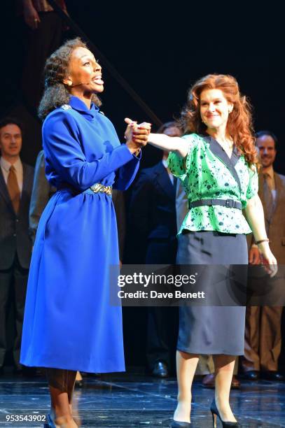 Alexandra Burke and Cassidy Janson bow at the curtain call during the press night performance of "Chess" at The London Coliseum on May 1, 2018 in...