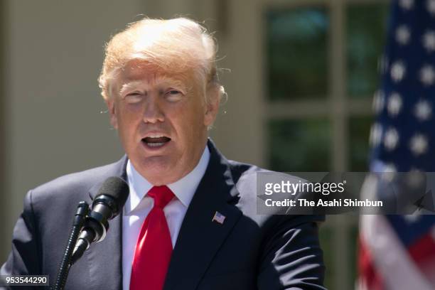 President Donald Trump speaks during a joint press conference with Nigerian President Muhammadu Buhari at the Rose Garden at the White House April...
