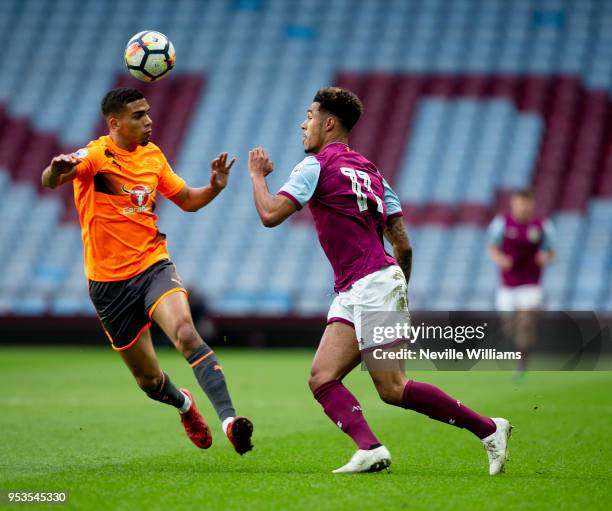 Andre Green of Aston Villa during the Premier League 2 play off semi final match between Aston Villa and Reading at Villa Park on May 01, 2018 in...