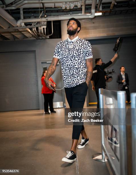 Paul George of the Oklahoma City Thunder arrives to the arena prior to Game Six of the Western Conference Quarterfinals during the 2018 NBA Playoffs...