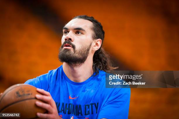 Steven Adams of the Oklahoma City Thunder looks on prior to Game Six of the Western Conference Quarterfinals during the 2018 NBA Playoffs against the...