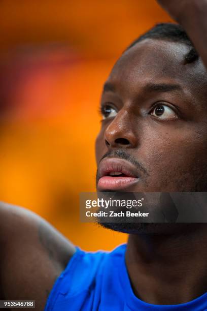 Jerami Grant of the Oklahoma City Thunder looks on prior to Game Six of the Western Conference Quarterfinals during the 2018 NBA Playoffs against the...