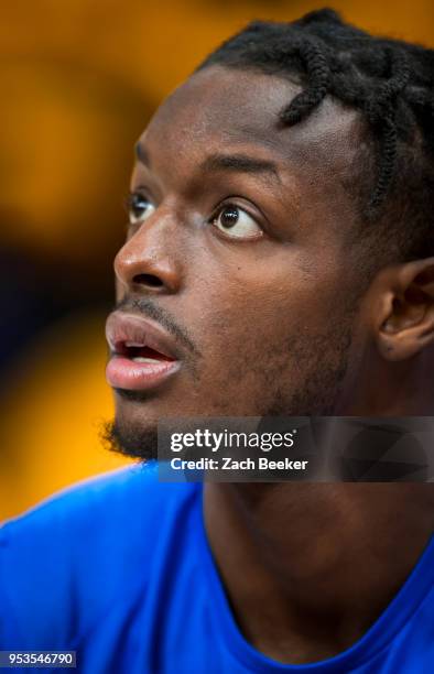 Jerami Grant of the Oklahoma City Thunder looks on prior to Game Six of the Western Conference Quarterfinals during the 2018 NBA Playoffs against the...