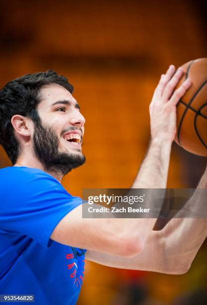 Alex Abrines of the Oklahoma City Thunder warms up prior to Game Six of the Western Conference Quarterfinals during the 2018 NBA Playoffs against the...