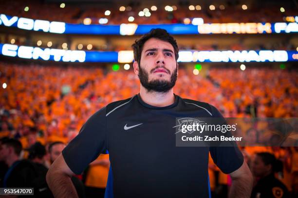Alex Abrines of the Oklahoma City Thunder looks on prior to Game Six of the Western Conference Quarterfinals during the 2018 NBA Playoffs against the...