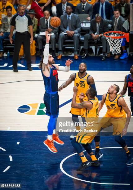 Steven Adams of the Oklahoma City Thunder shoots the ball against the Utah Jazz in Game Six of the Western Conference Quarterfinals during the 2018...