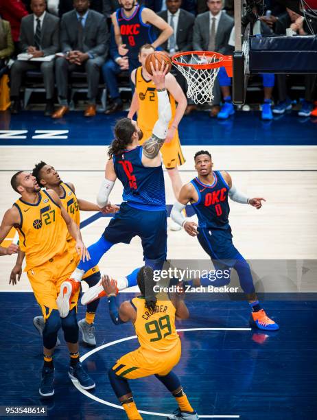 Steven Adams of the Oklahoma City Thunder dunks the ball against the Utah Jazz in Game Six of the Western Conference Quarterfinals during the 2018...