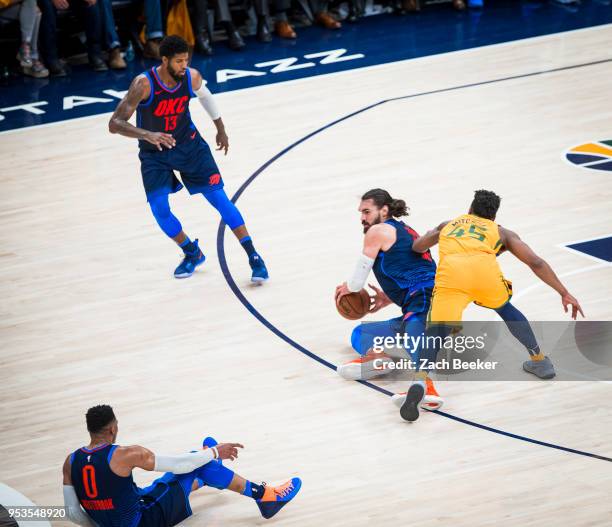 Steven Adams of the Oklahoma City Thunder rebounds the ball off the floor against the Utah Jazz in Game Six of the Western Conference Quarterfinals...