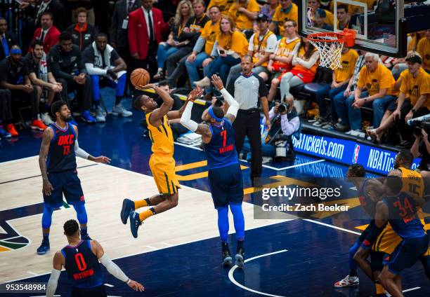 Alec Burks of the Utah Jazz shoots the ball against the Oklahoma City Thunder in Game Six of the Western Conference Quarterfinals during the 2018 NBA...