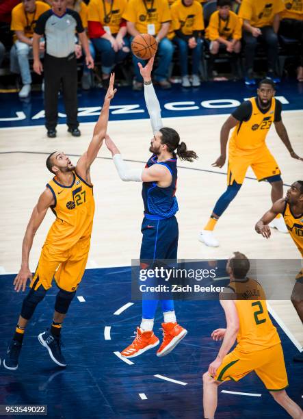 Steven Adams of the Oklahoma City Thunder shoots the ball against the Utah Jazz in Game Six of the Western Conference Quarterfinals during the 2018...