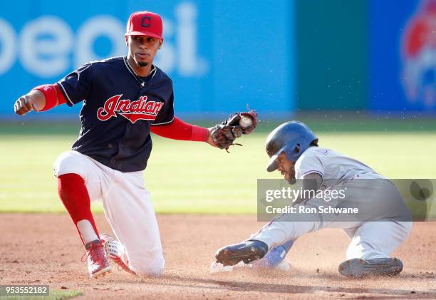 Delino DeShields of the Texas Rangers steals second base as Francisco Lindor of the Cleveland Indians attempts to tag him during the third inning at...