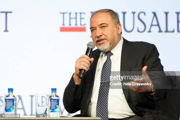 Avigdor Lieberman participates in an interview onstage during the Jerusalem Post New York Annual Conference at the New York Marriott Marquis Hotel on...