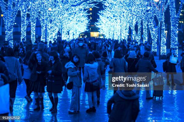 people walk down the illuminated blue cave (ao no dokutsu) keyaki namiki (zelkova tree–lined) stands along both side of the path, which are illuminated by million of blue led lights at yoyogi park shibuya tokyo japan on 07 december 2017. blue led reflects - japanese zelkova stock pictures, royalty-free photos & images