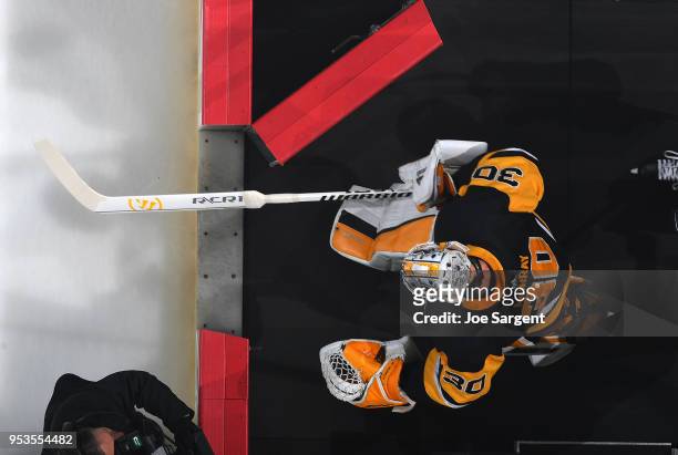 Matt Murray of the Pittsburgh Penguins takes the ice for warmups against the Washington Capitals in Game Three of the Eastern Conference Second Round...