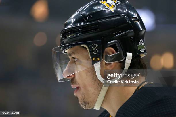 Evgeni Malkin of the Pittsburgh Penguins warms up prior to the start of Game Three of the Eastern Conference Second Round during the 2018 NHL Stanley...