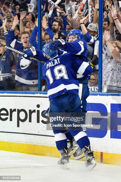 Tampa Bay Lightning center Tyler Johnson celebrates his goal with Tampa Bay Lightning left wing Ondrej Palat during the second period of an NHL...