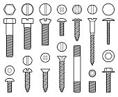 Industrial screws bolts, nuts and nails line vector icons