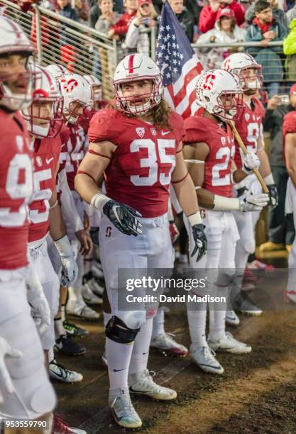 Daniel Marx of the Stanford Cardinal and teammates wait to enter the stadium prior to an NCAA football game against the Rice Owls played on November...