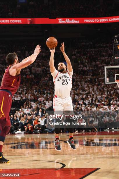 Fred VanVleet of the Toronto Raptors shoots the ball against the Cleveland Cavaliers in Game One of Round Two of the 2018 NBA Playoffs on May 1, 2018...