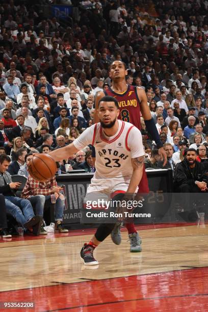 Fred VanVleet of the Toronto Raptors handles the ball against the Cleveland Cavaliers in Game One of Round Two of the 2018 NBA Playoffs on May 1,...