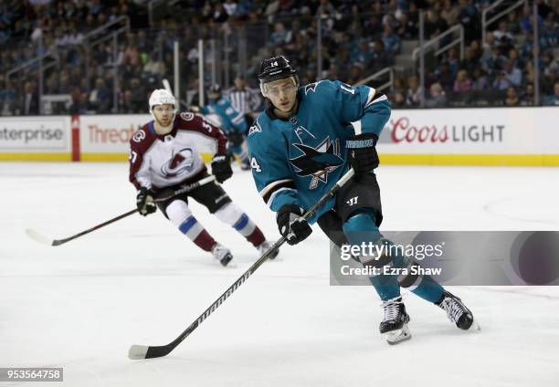 Dylan Gambrell of the San Jose Sharks in action against the Colorado Avalanche at SAP Center on April 5, 2018 in San Jose, California.
