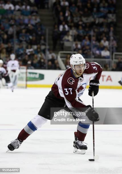 Compher of the Colorado Avalanche in action against the San Jose Sharks at SAP Center on April 5, 2018 in San Jose, California.