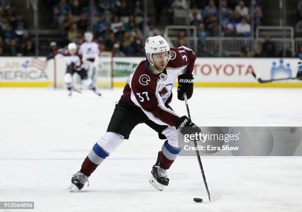 Compher of the Colorado Avalanche in action against the San Jose Sharks at SAP Center on April 5, 2018 in San Jose, California.