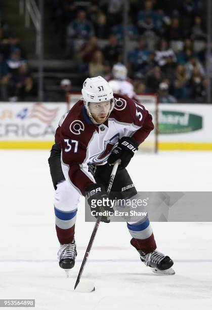 Compher of the Colorado Avalanche in action against the San Jose Sharks at SAP Center on April 5, 2018 in San Jose, California.