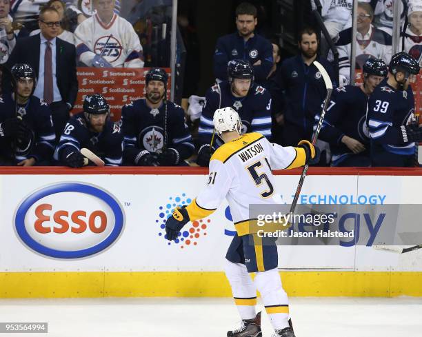 Austin Watson of the Nashville Predators celebrates scoring against the Winnipeg Jets in Game Three of the Western Conference Second Round during the...