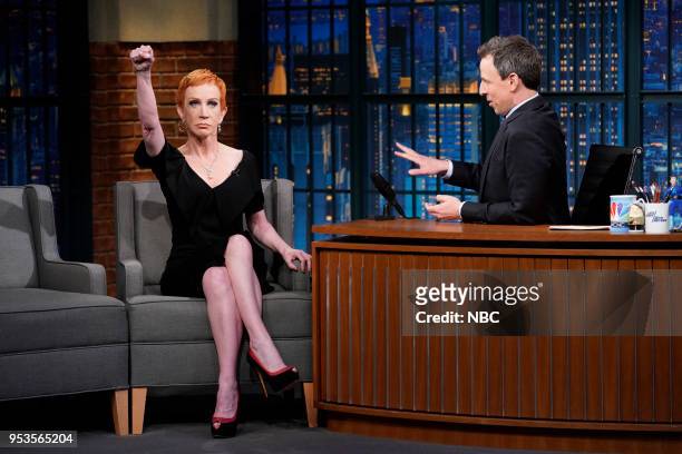 Episode 679 -- Pictured: Comedian Kathy Griffin during an interview with host Seth Meyers on May 1, 2018 --