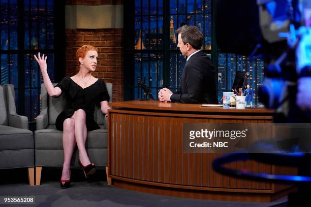 Episode 679 -- Pictured: Comedian Kathy Griffin during an interview with host Seth Meyers on May 1, 2018 --