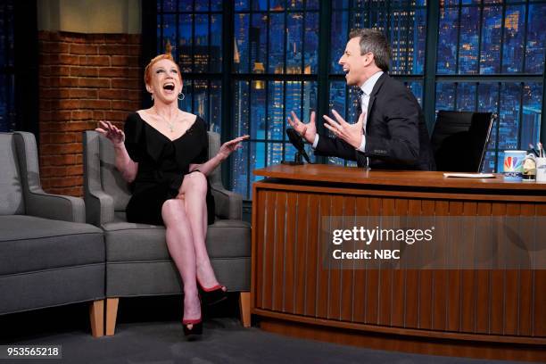 Episode 679 -- Pictured: Comedian Kathy Griffin during an interview with host Seth Meyers on May 1, 2018 --