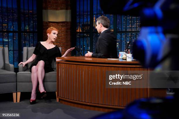 Episode 679 -- Pictured: Comedian Kathy Griffin during an interview with host Seth Meyers on May 1, 2018 --