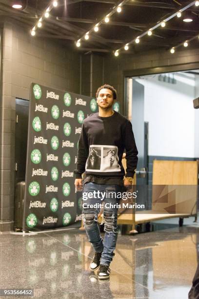 Shane Larkin of the Boston Celtics arrives at the stadium before the game against the Milwaukee Bucks in Game Seven of the 2018 NBA Playoffs on April...