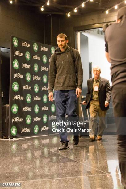 Tyler Zeller of the Milwaukee Bucks arrives at the stadium before the game against the Boston Celtics in Game Seven of the 2018 NBA Playoffs on April...