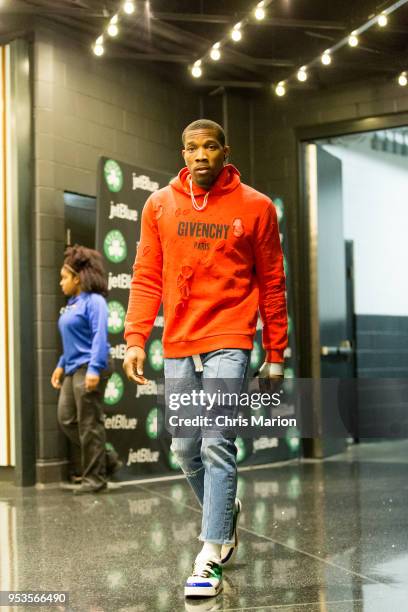 Eric Bledsoe of the Milwaukee Bucks arrives at the stadium before the game against the Boston Celtics in Game Seven of the 2018 NBA Playoffs on April...