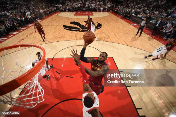 LeBron James of the Cleveland Cavaliers shoots the ball against the Toronto Raptors in Game One of Round Two of the 2018 NBA Playoffs on May 1, 2018...
