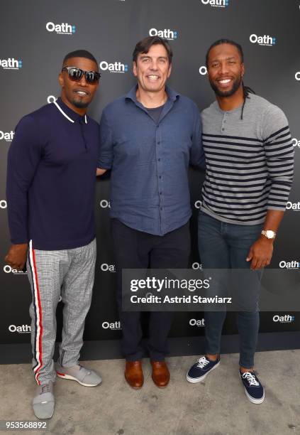 Actor Jamie Foxx, CEO of Oath Tim Armstrong, and NFL player Larry Fitzgerald attend Oath NewFront at Pier 26 on May 1, 2018 in New York City.