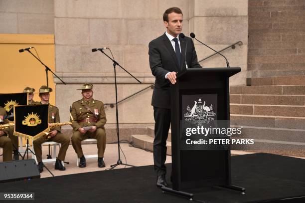 France's President Emmanuel Macron gives a speech at a commemorative ceremony at the war memorial in Sydney on May 2, 2018. - Macron arrived in...