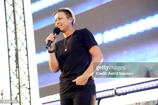 Soccer player Abby Wambach takes the stage during Oath NewFront at Pier 26 on May 1, 2018 in New York City.