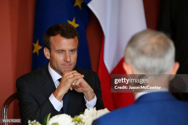 French president Emmanuel Macron speaks with Australian Prime Minister Malcolm Turnbull on May 2, 2018 in Sydney, Australia. President Macron is on a...