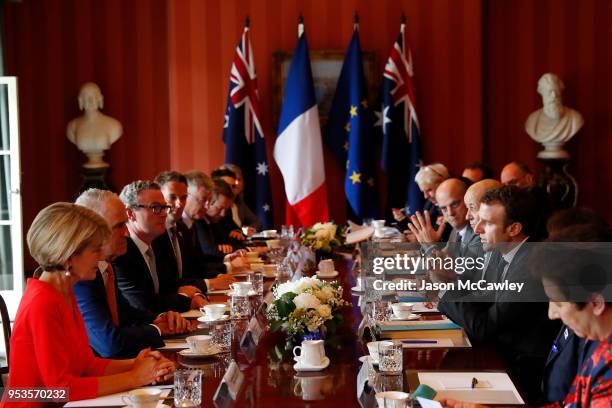 French president Emmanuel Macron speaks to Australian Prime Minister Malcolm Turnbull on May 2, 2018 in Sydney, Australia. President Macron is on a...