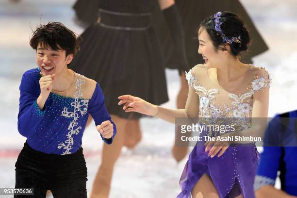 Marin Honda and Kazuki Tomono talk during the Prince Ice World at KOSE Shinyokohama Skate Center on April 28, 2018 in Yokohama, Kanagawa, Japan.